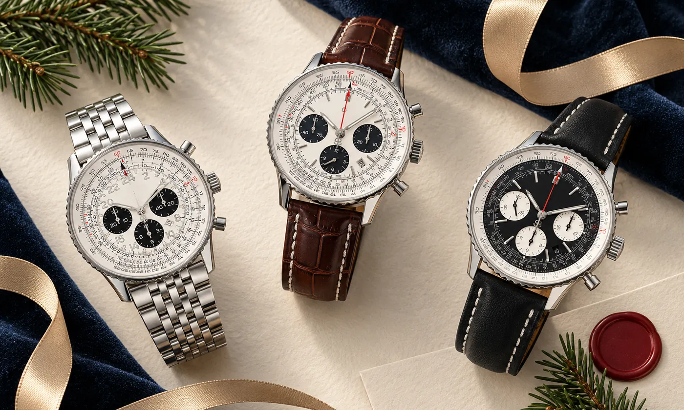 Three chronograph watches arranged as a Christmas gift edit