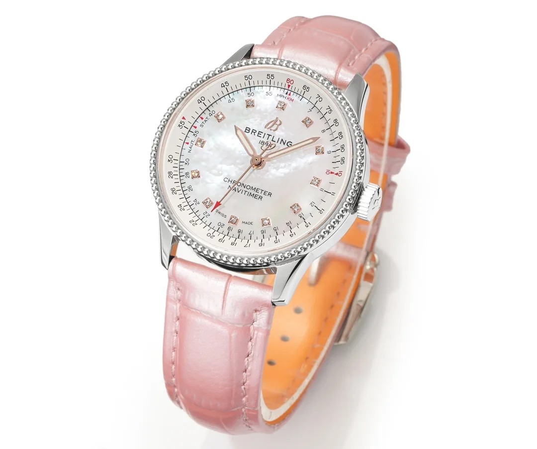 Elegant Breitling Navitimer A17395211A1P4 Replica – 35mm Swiss Luxury Watch With Diamond MOP Dial & Pink Leather Strap