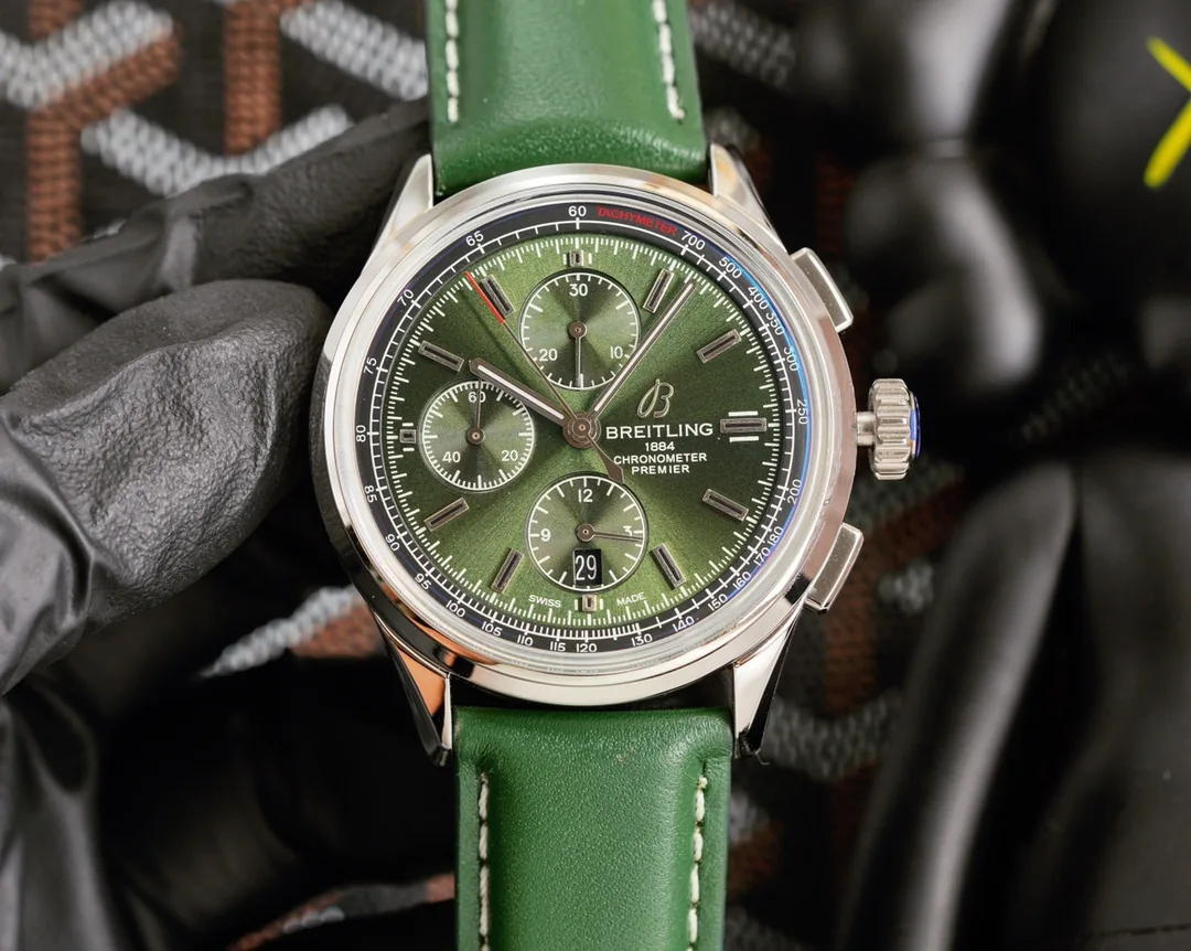 Swiss Breitling Premier A13315 Replica Watch – Elegant Green Dial, Stainless Steel Case, Green Leather Strap