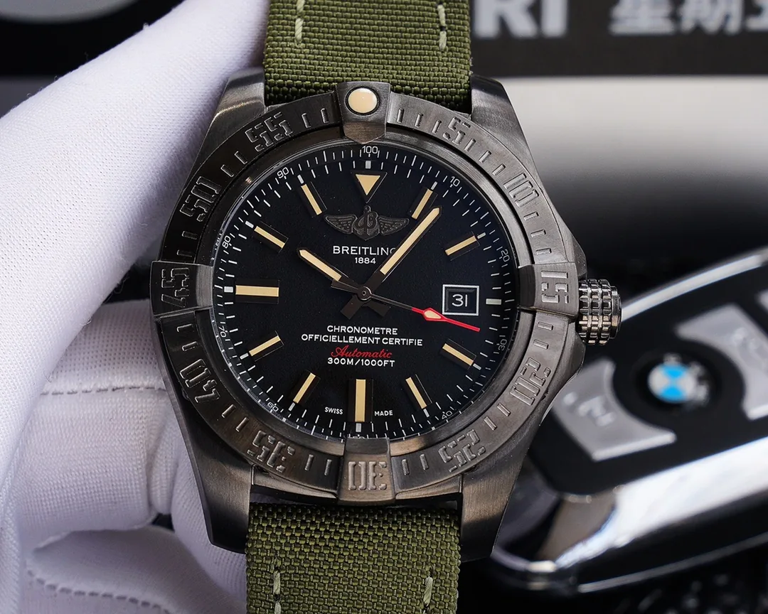 Swiss Replica Breitling Avenger Blackbird V1731010 Premium Black Titanium Case Watch With Green Fabric Strap