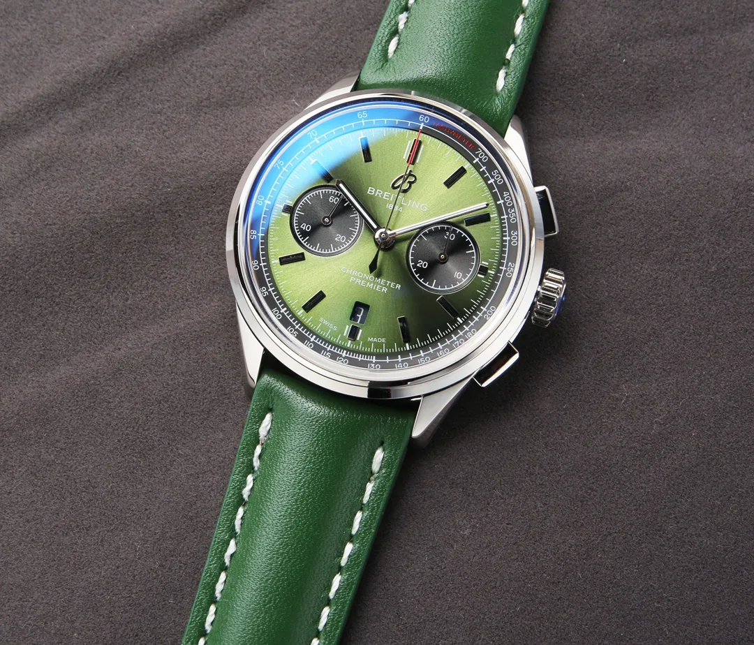 Premium Replica Breitling Premier B01 AB0118221L1P1 Watch – 42mm Green Dial, Vintage-Inspired Design, Green Leather Strap