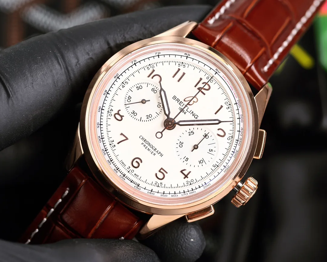 Breitling Premier AB0118 Replica Swiss Watch – Elegant Design, 42mm Rose Gold Case, White Dial, Brown Leather Strap