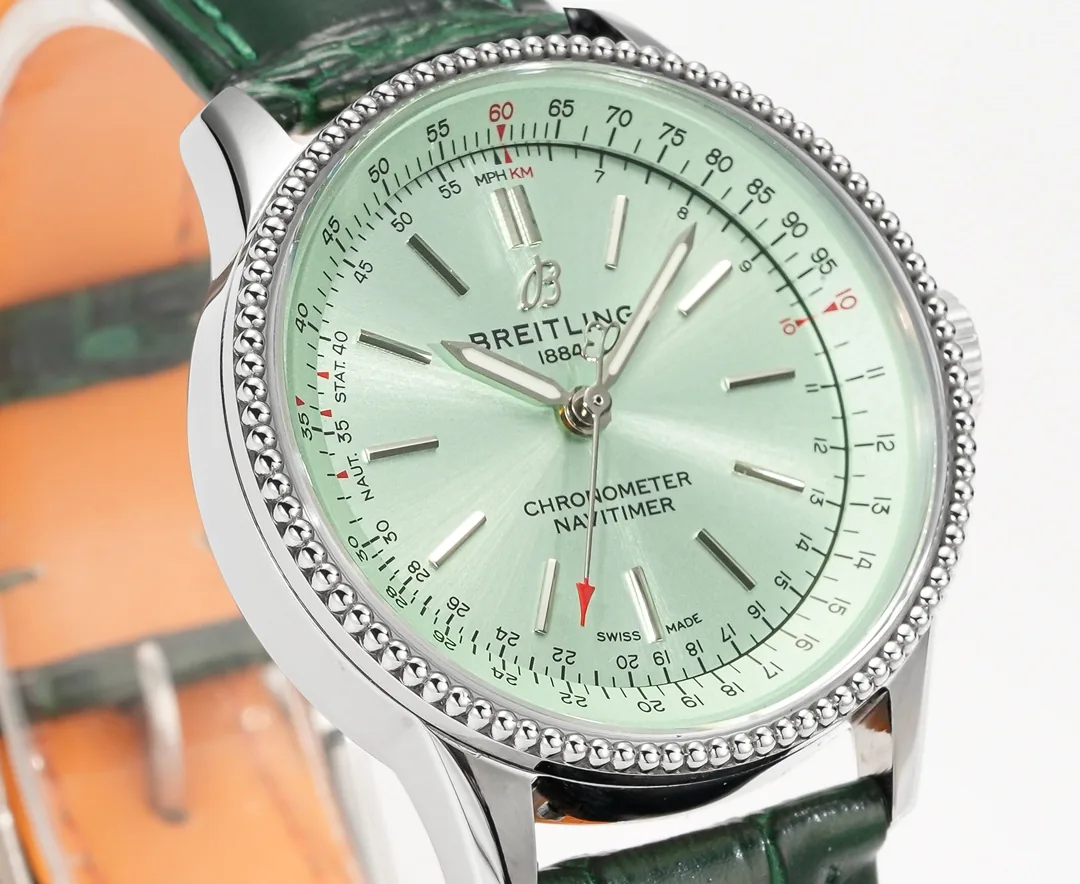 Elegant Swiss Breitling Navitimer A17395 Replica Ladies Watch – Green Dial, Beaded Bezel, Premium Leather Strap