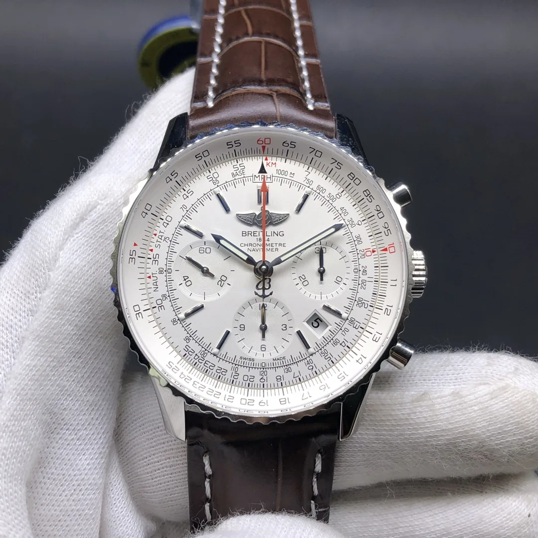 Premium Swiss Men’s Breitling Navitimer AB0123 Replica Watch With White Dial & Brown Leather Strap