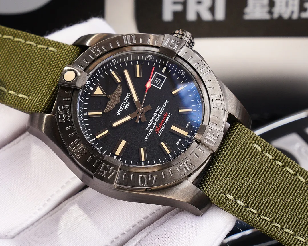 Swiss Replica Breitling Avenger Blackbird V1731010 Premium Black Titanium Case Watch With Green Fabric Strap