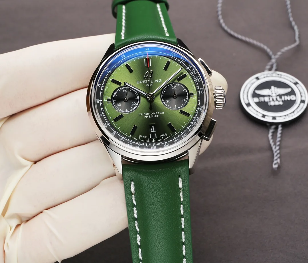 Premium Replica Breitling Premier B01 AB0118221L1P1 Watch – 42mm Green Dial, Vintage-Inspired Design, Green Leather Strap