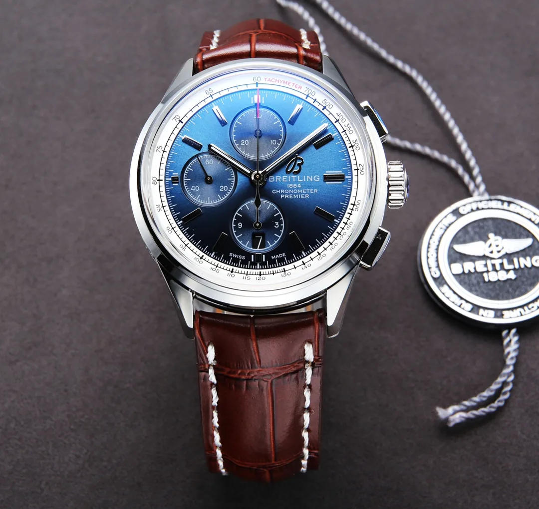 Elegant Swiss Breitling Premier A13315351C1P1 Replica Blue Dial Stainless Steel Case Watch With Brown Leather Strap