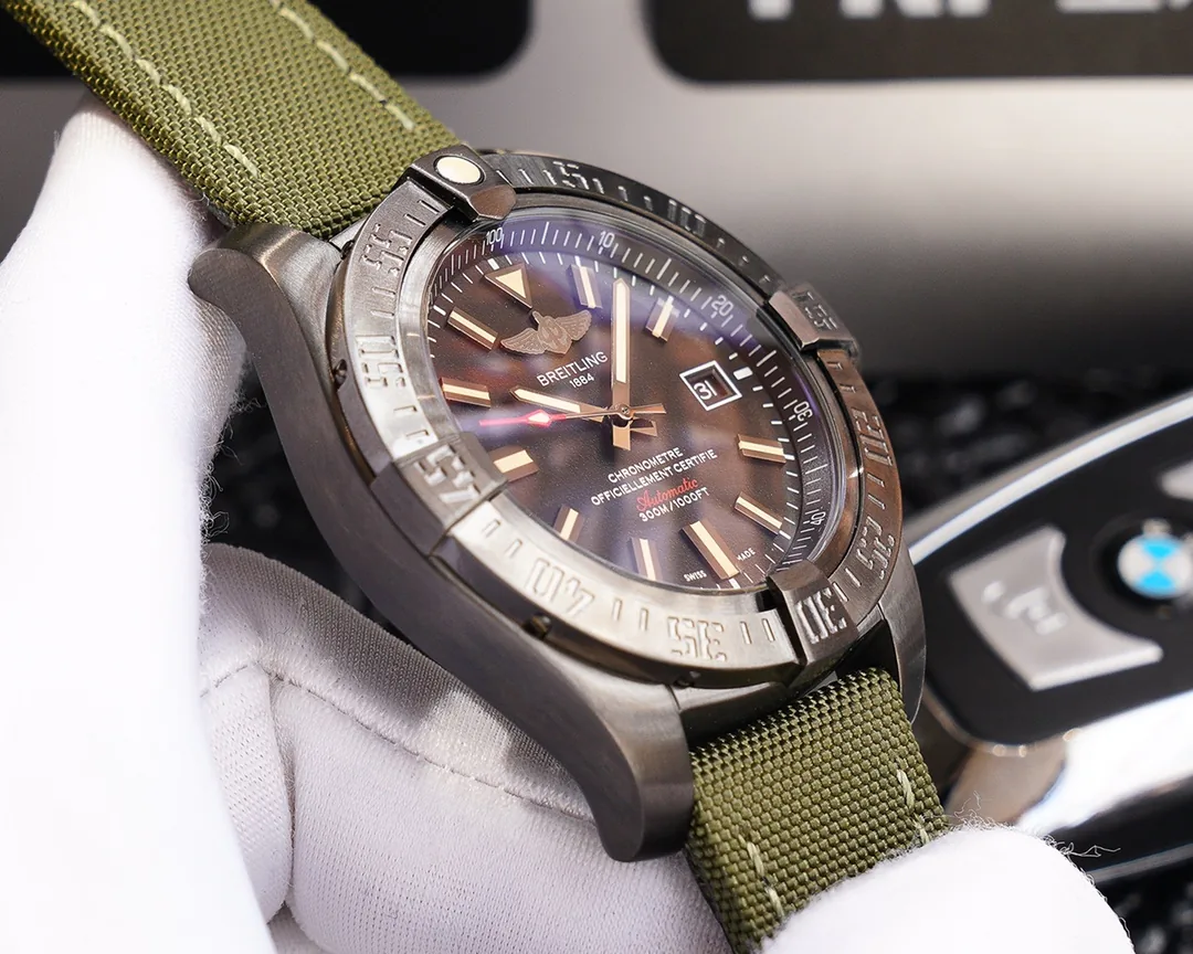 Swiss Replica Breitling Avenger Blackbird V1731010 Premium Black Titanium Case Watch With Green Fabric Strap