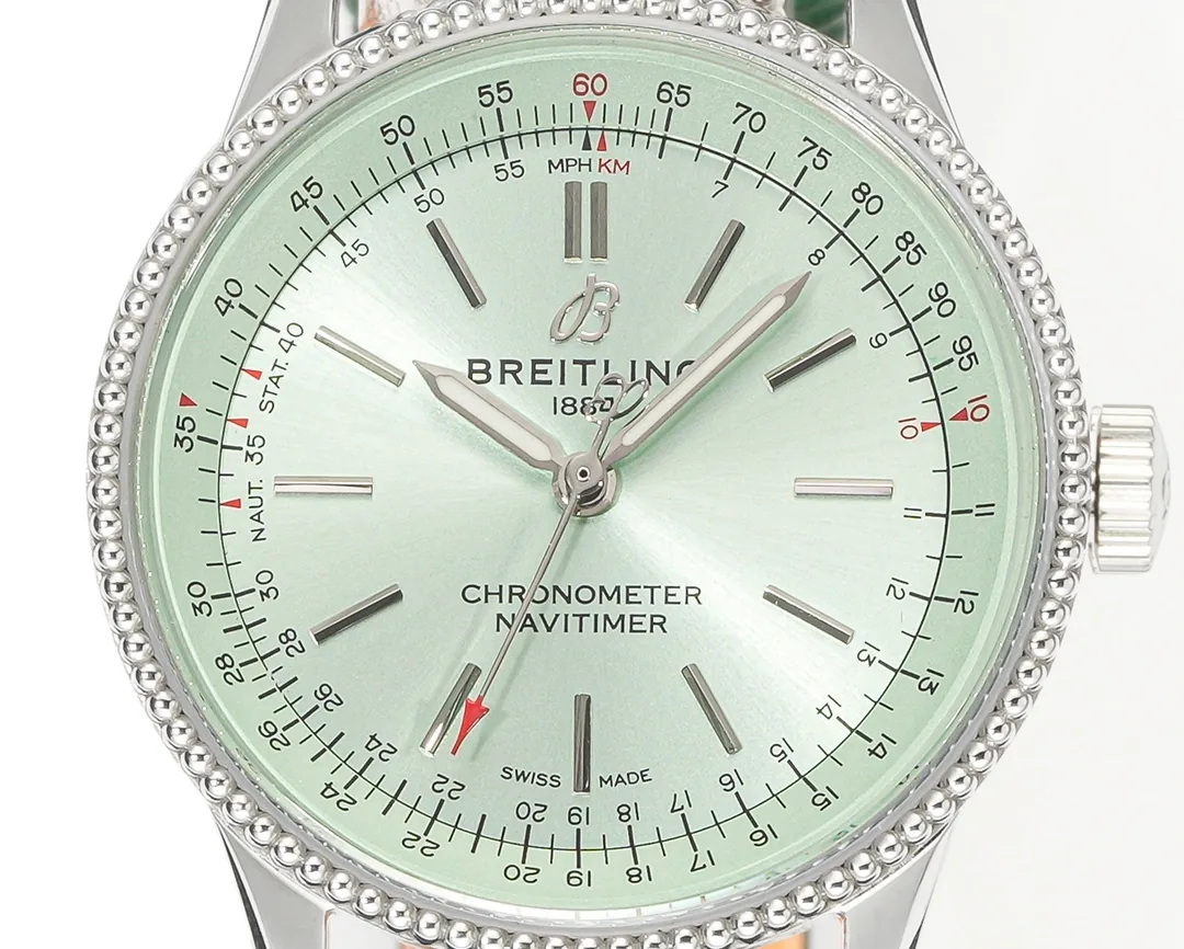 Elegant Swiss Breitling Navitimer A17395 Replica Ladies Watch – Green Dial, Beaded Bezel, Premium Leather Strap