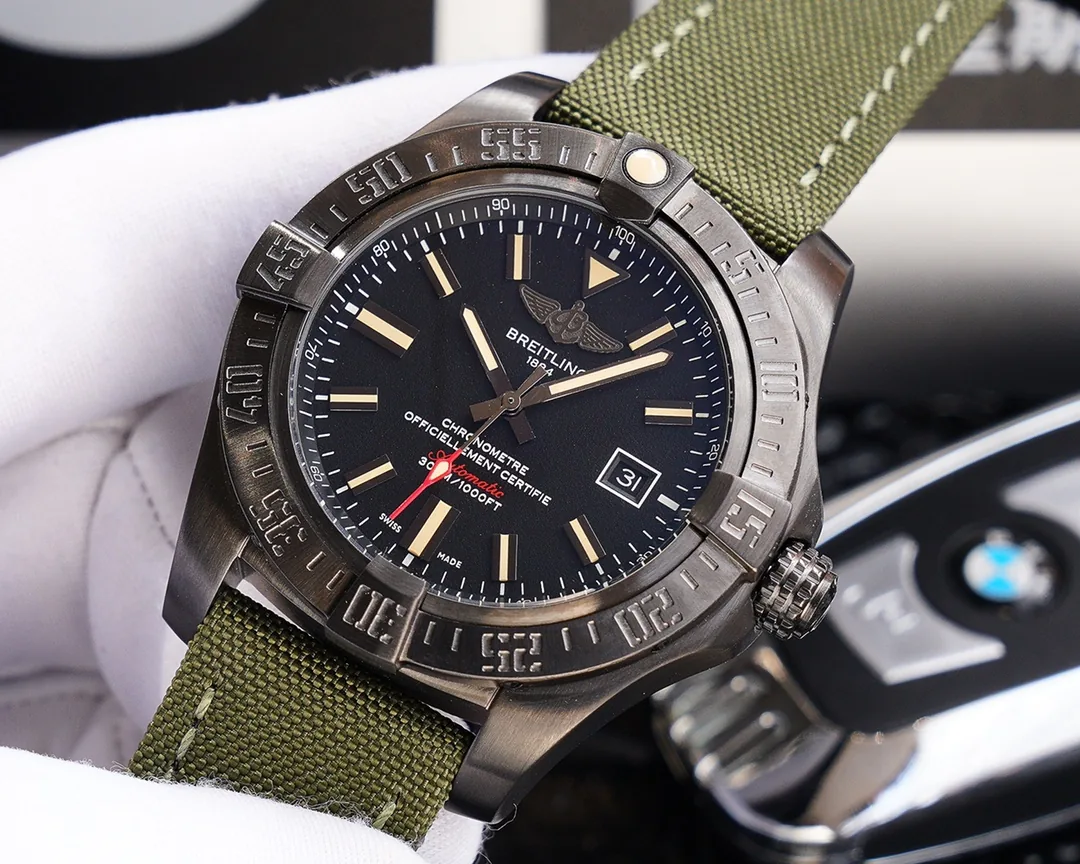 Swiss Replica Breitling Avenger Blackbird V1731010 Premium Black Titanium Case Watch With Green Fabric Strap