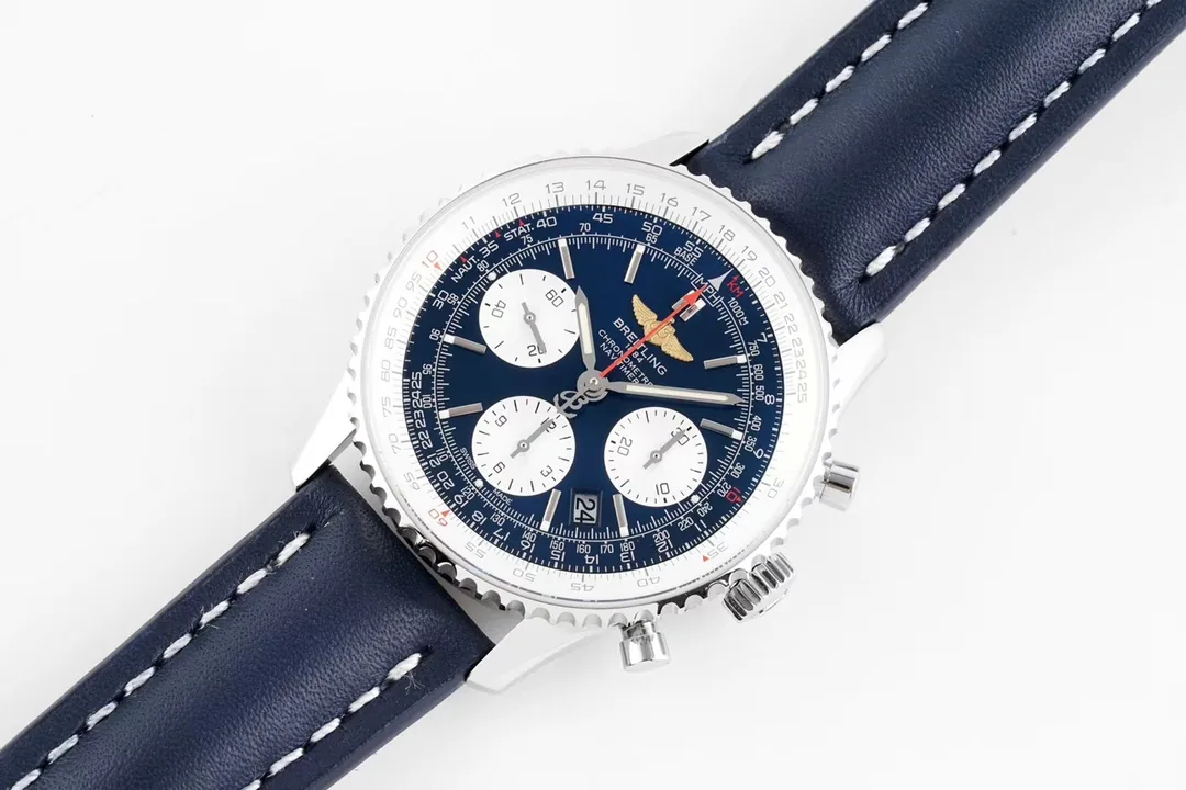 Premium Swiss Replica Breitling Navitimer B01 41mm Blue Dial Watch With Blue Leather Strap