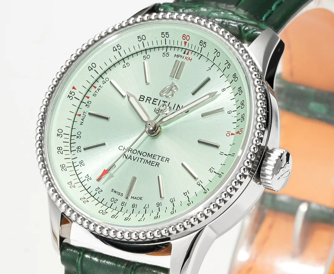 Elegant Swiss Breitling Navitimer A17395 Replica Ladies Watch – Green Dial, Beaded Bezel, Premium Leather Strap
