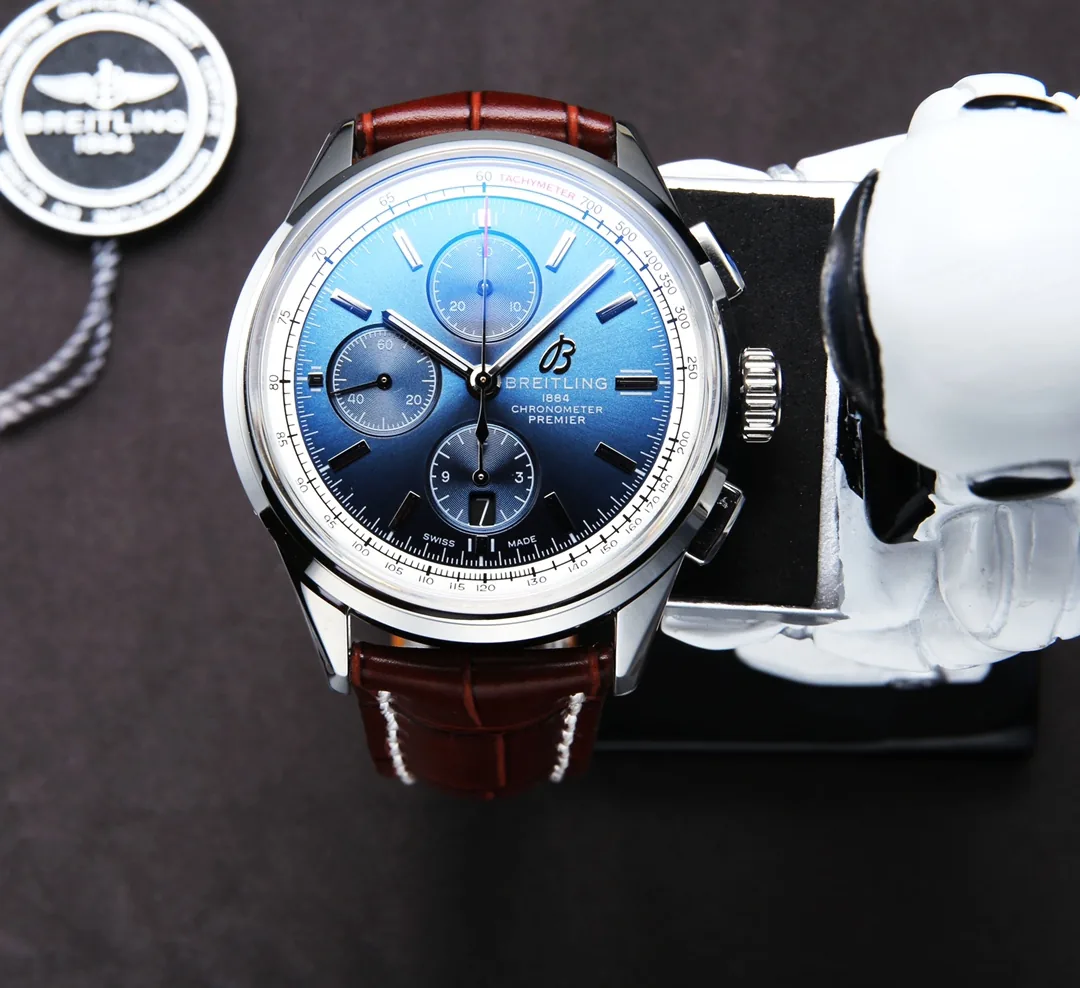 Elegant Swiss Breitling Premier A13315351C1P1 Replica Blue Dial Stainless Steel Case Watch With Brown Leather Strap