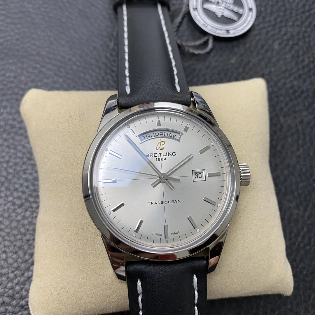 Luxury Swiss Replica Breitling Transocean Day & Date A4531012-G751BKCD – Elegant Silver Dial & Black Leather Strap