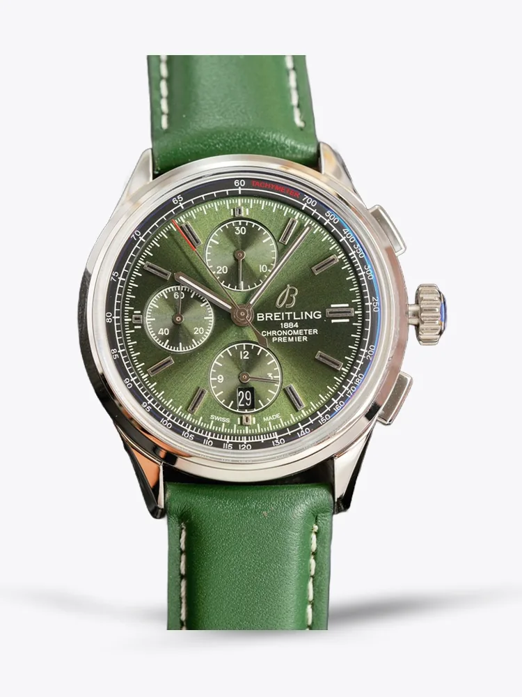 Swiss Breitling Premier A13315 Replica Watch – Elegant Green Dial, Stainless Steel Case, Green Leather Strap