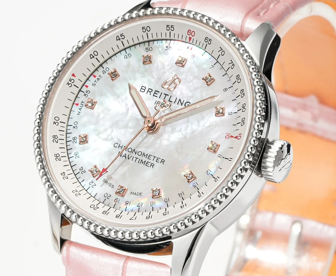 Elegant Breitling Navitimer A17395211A1P4 Replica – 35mm Swiss Luxury Watch With Diamond MOP Dial & Pink Leather Strap