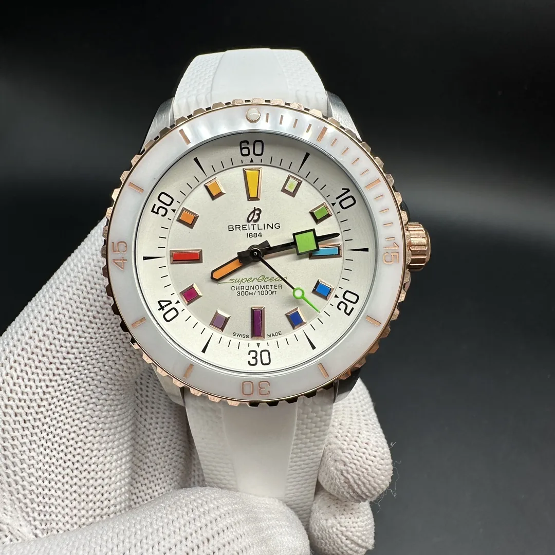 Luxury Swiss White Ceramic Breitling Superocean U17377211A1S1 Replica Watch – Elegant White Dial With Colorful Markers