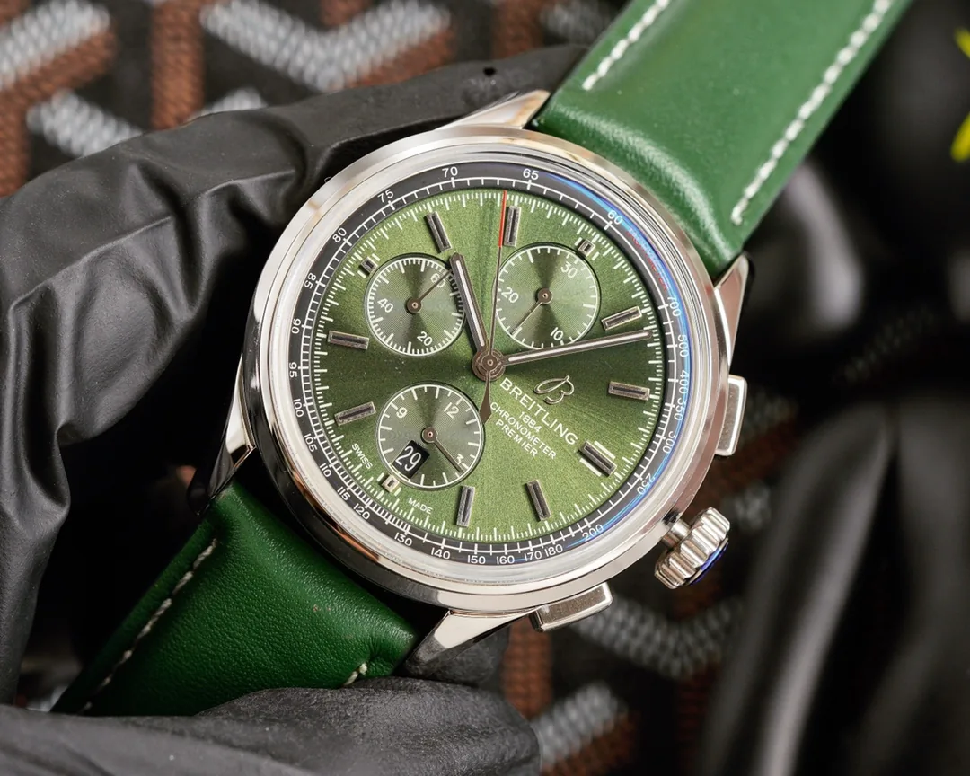 Swiss Breitling Premier A13315 Replica Watch – Elegant Green Dial, Stainless Steel Case, Green Leather Strap