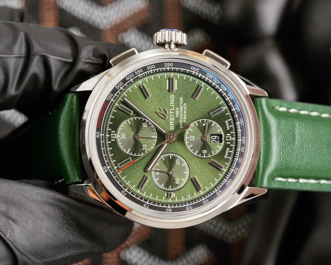 Swiss Breitling Premier A13315 Replica Watch – Elegant Green Dial, Stainless Steel Case, Green Leather Strap