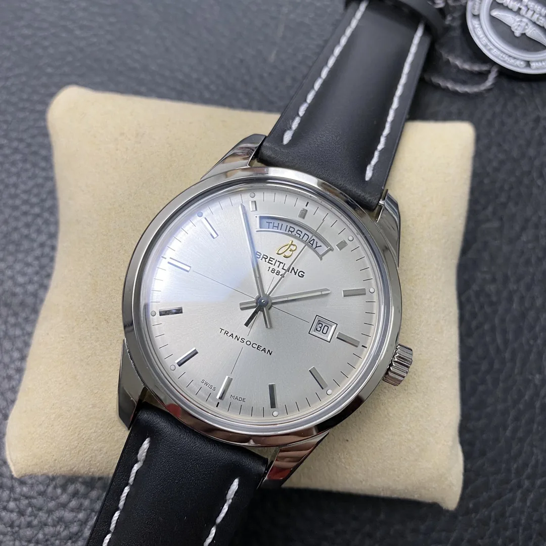 Luxury Swiss Replica Breitling Transocean Day & Date A4531012-G751BKCD – Elegant Silver Dial & Black Leather Strap