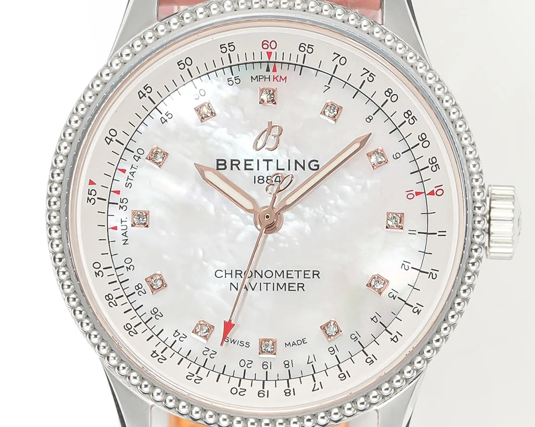 Elegant Breitling Navitimer A17395211A1P4 Replica – 35mm Swiss Luxury Watch With Diamond MOP Dial & Pink Leather Strap