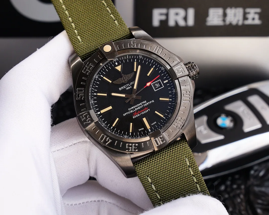 Swiss Replica Breitling Avenger Blackbird V1731010 Premium Black Titanium Case Watch With Green Fabric Strap