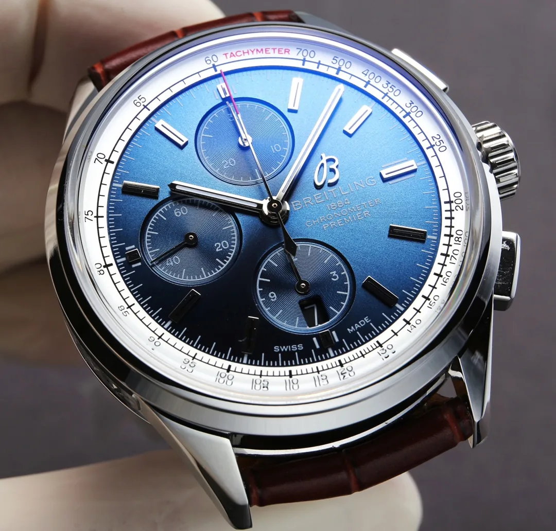 Elegant Swiss Breitling Premier A13315351C1P1 Replica Blue Dial Stainless Steel Case Watch With Brown Leather Strap