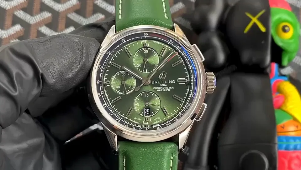 Swiss Breitling Premier A13315 Replica Watch – Elegant Green Dial, Stainless Steel Case, Green Leather Strap