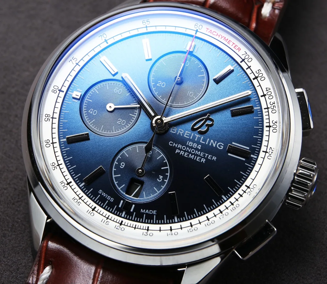 Elegant Swiss Breitling Premier A13315351C1P1 Replica Blue Dial Stainless Steel Case Watch With Brown Leather Strap