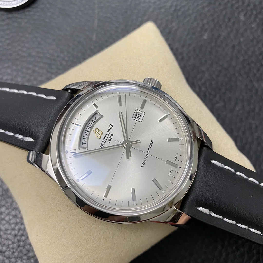 Luxury Swiss Replica Breitling Transocean Day & Date A4531012-G751BKCD – Elegant Silver Dial & Black Leather Strap