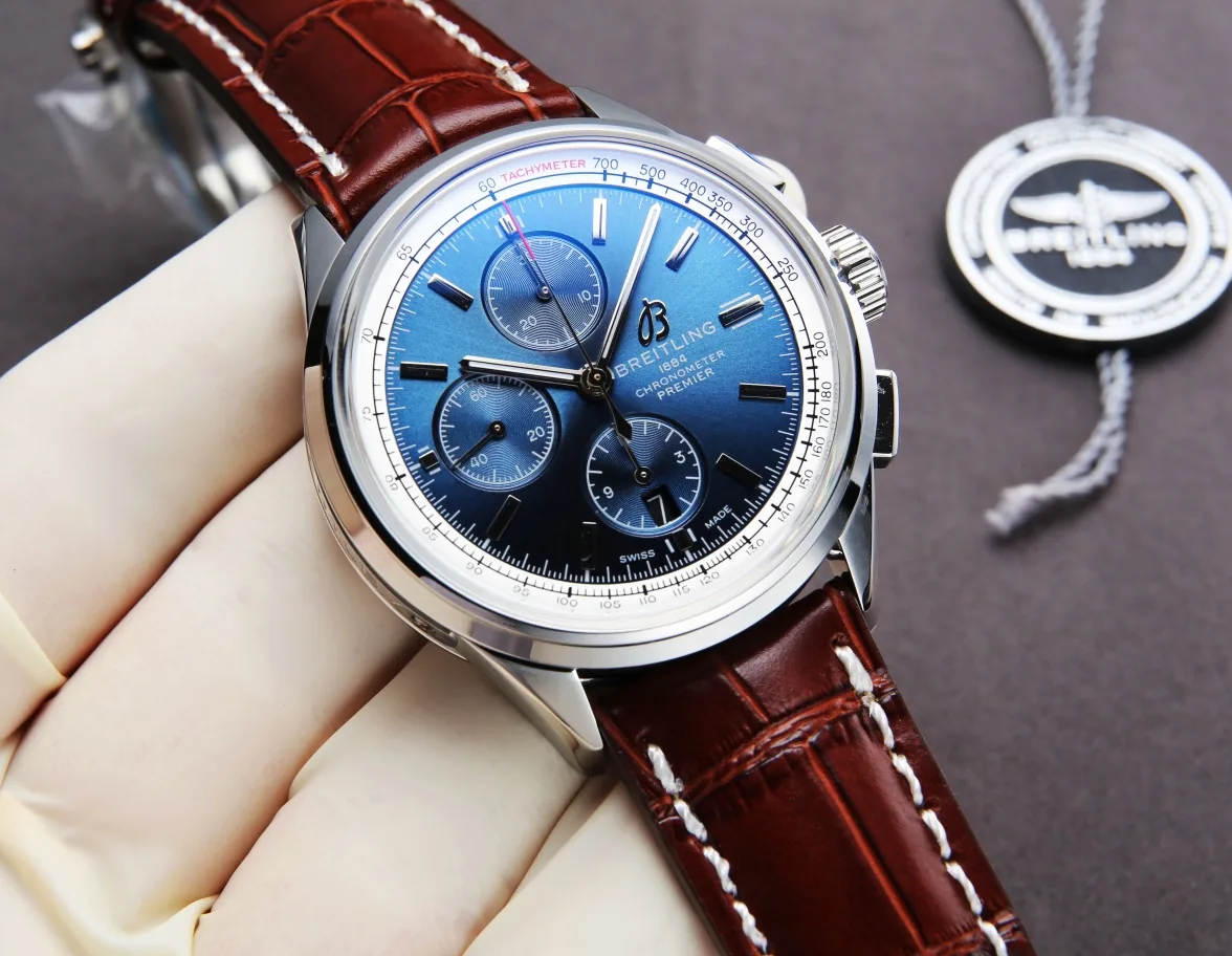 Elegant Swiss Breitling Premier A13315351C1P1 Replica Blue Dial Stainless Steel Case Watch With Brown Leather Strap