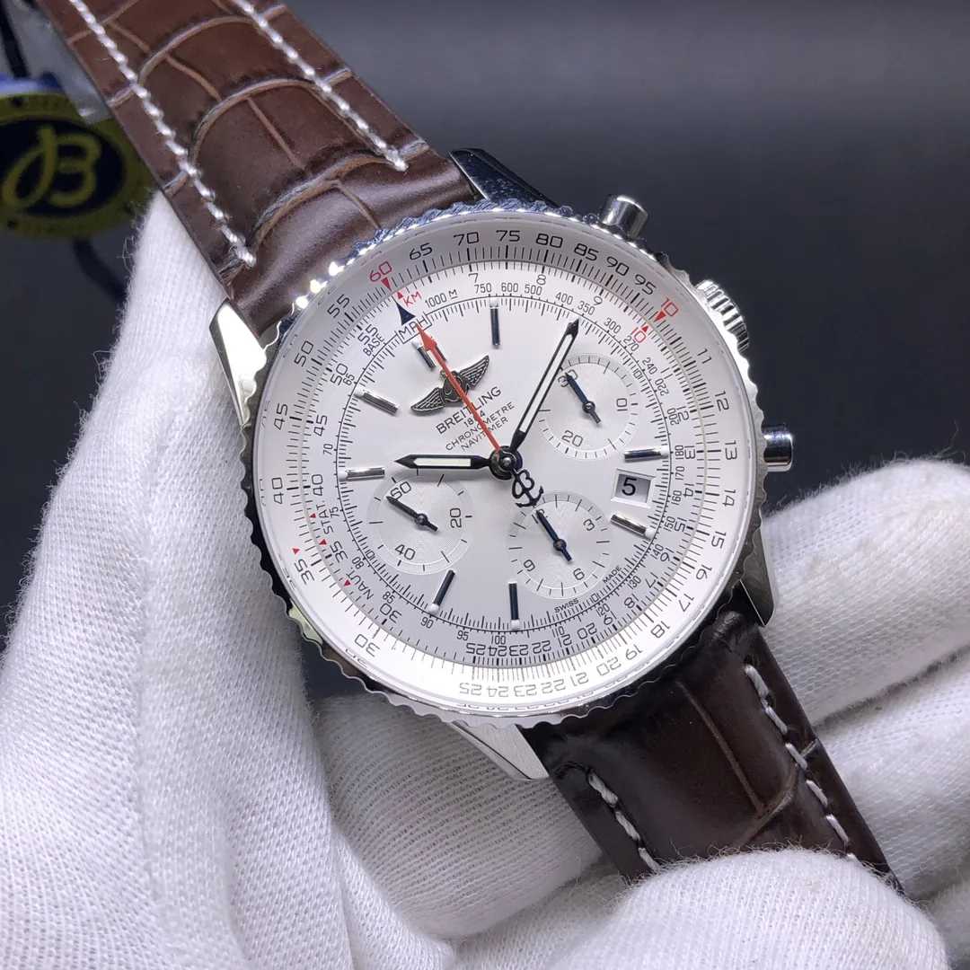 Premium Swiss Men’s Breitling Navitimer AB0123 Replica Watch With White Dial & Brown Leather Strap