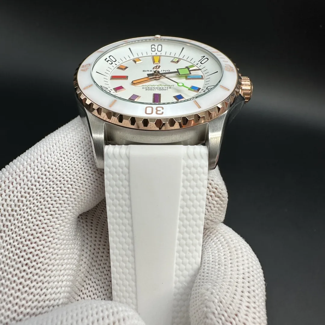 Luxury Swiss White Ceramic Breitling Superocean U17377211A1S1 Replica Watch – Elegant White Dial With Colorful Markers