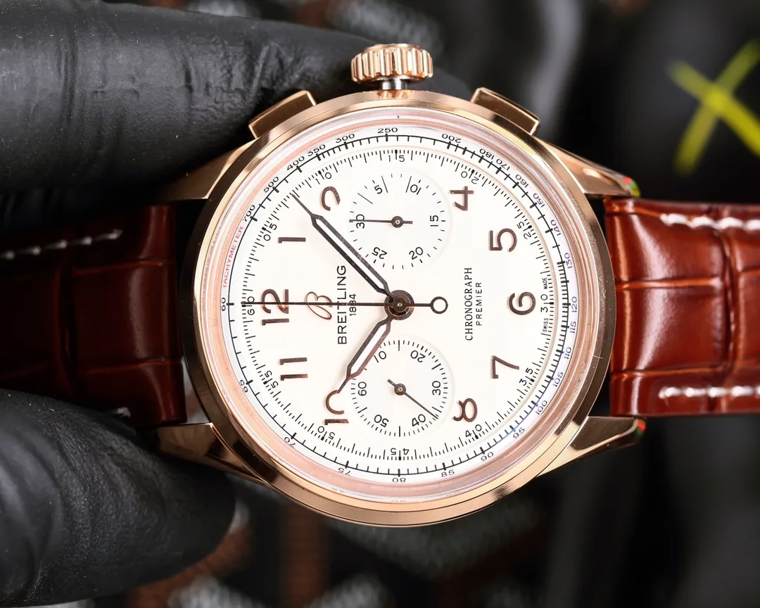 Breitling Premier AB0118 Replica Swiss Watch – Elegant Design, 42mm Rose Gold Case, White Dial, Brown Leather Strap