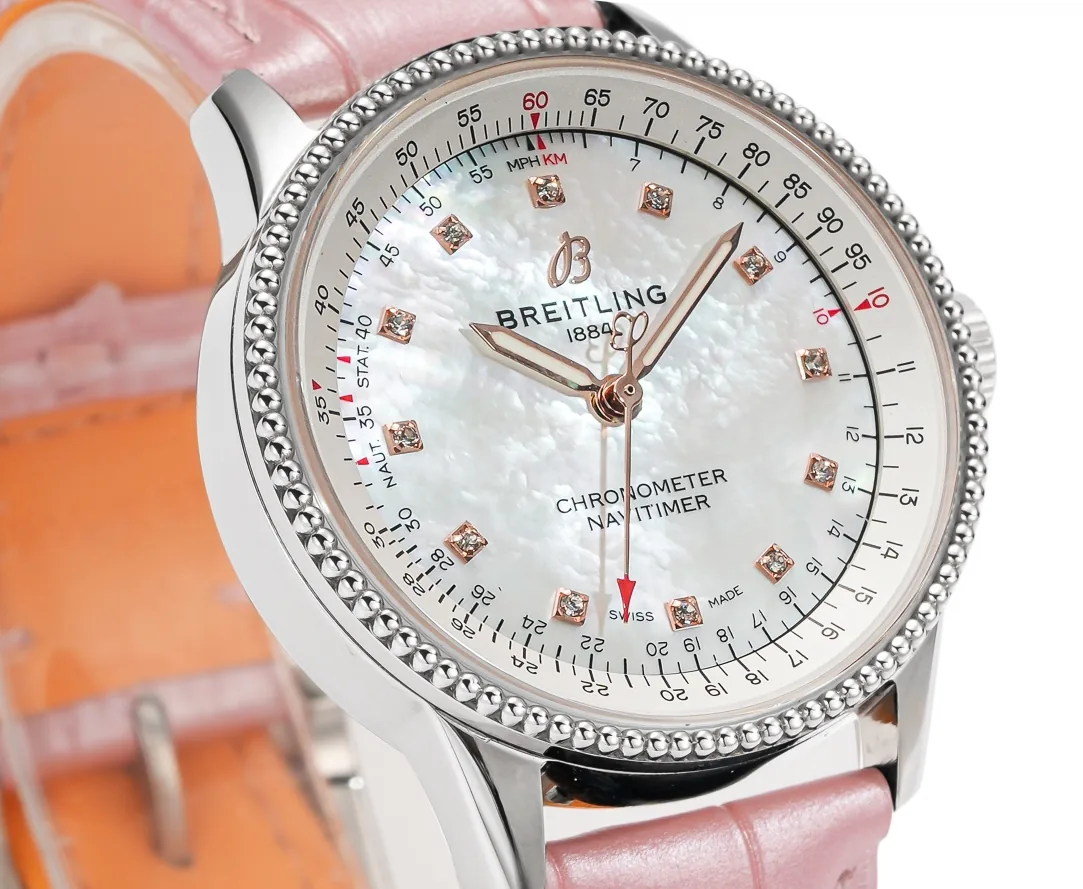 Elegant Breitling Navitimer A17395211A1P4 Replica – 35mm Swiss Luxury Watch With Diamond MOP Dial & Pink Leather Strap