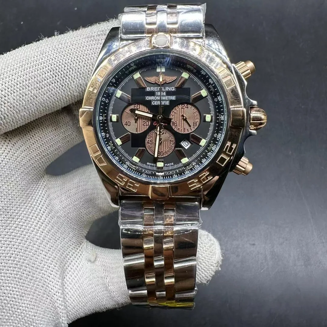 Swiss Replica Breitling Chronomat AB0110 Men’s 44mm Watch with Gold Bezel & Grey Dial