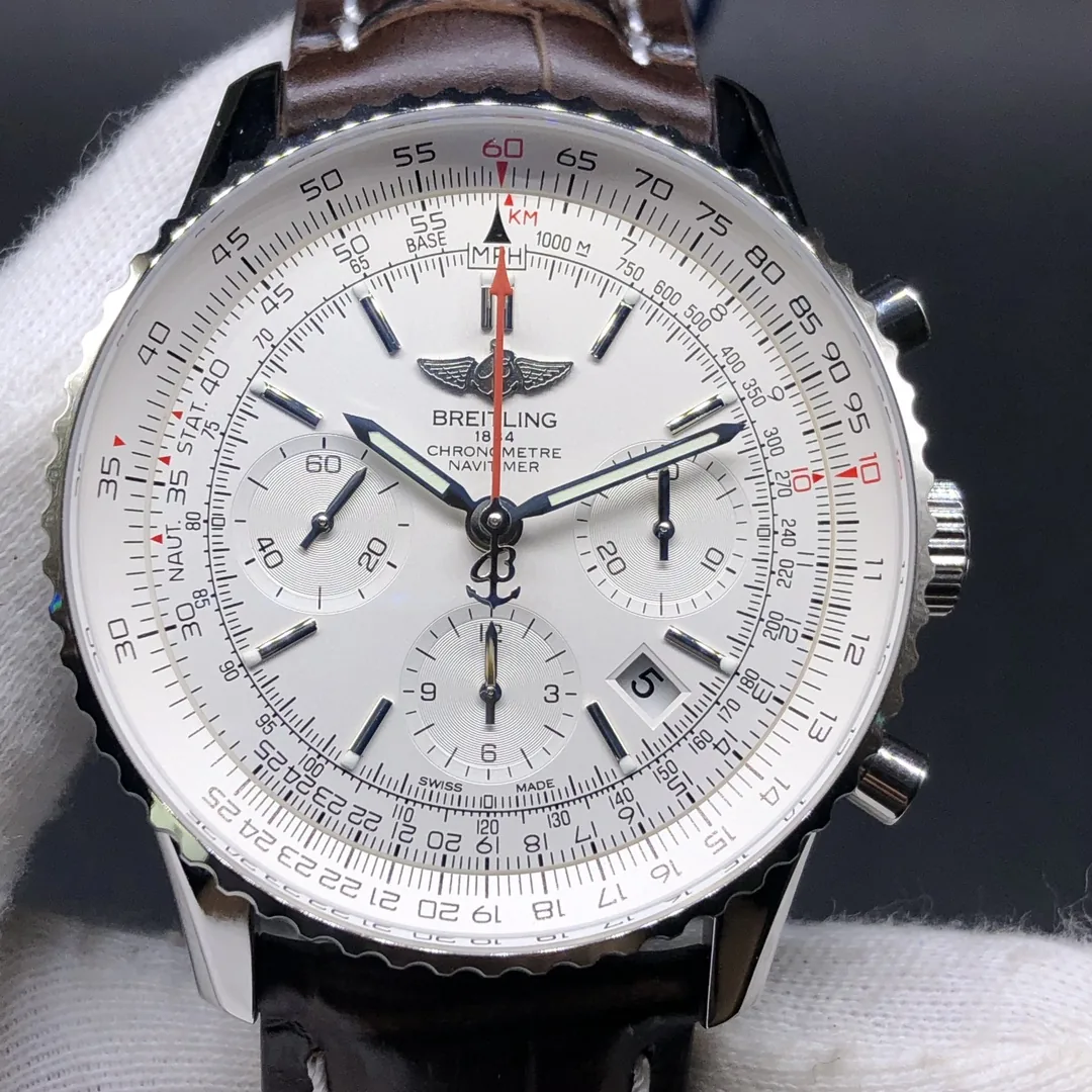 Premium Swiss Men’s Breitling Navitimer AB0123 Replica Watch With White Dial & Brown Leather Strap