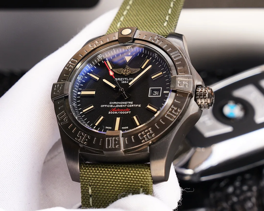 Swiss Replica Breitling Avenger Blackbird V1731010 Premium Black Titanium Case Watch With Green Fabric Strap